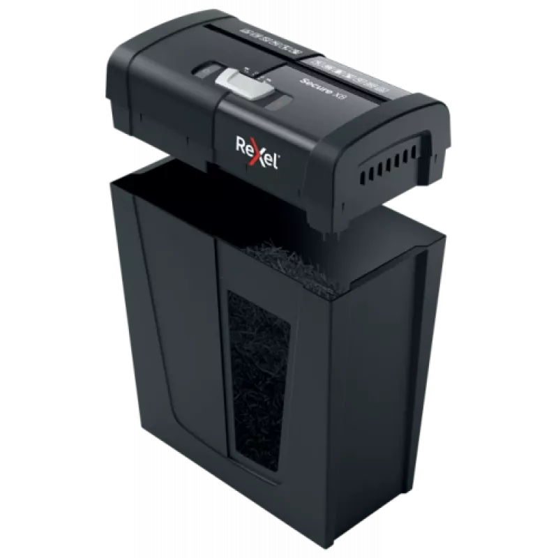 Paberihundi REXEL Secure X8 — ristlõige P-4, 4x40 mm, mahutavus 8 lehte, 14 l prügikast, must