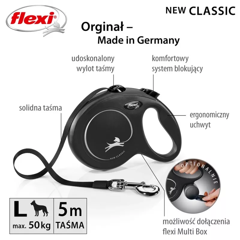 Sissetõmmatav koerarihm Flexi New Classic L 5 m Must – nöör, suurtele tõugudele (25–45 kg), max koormus 50 kg