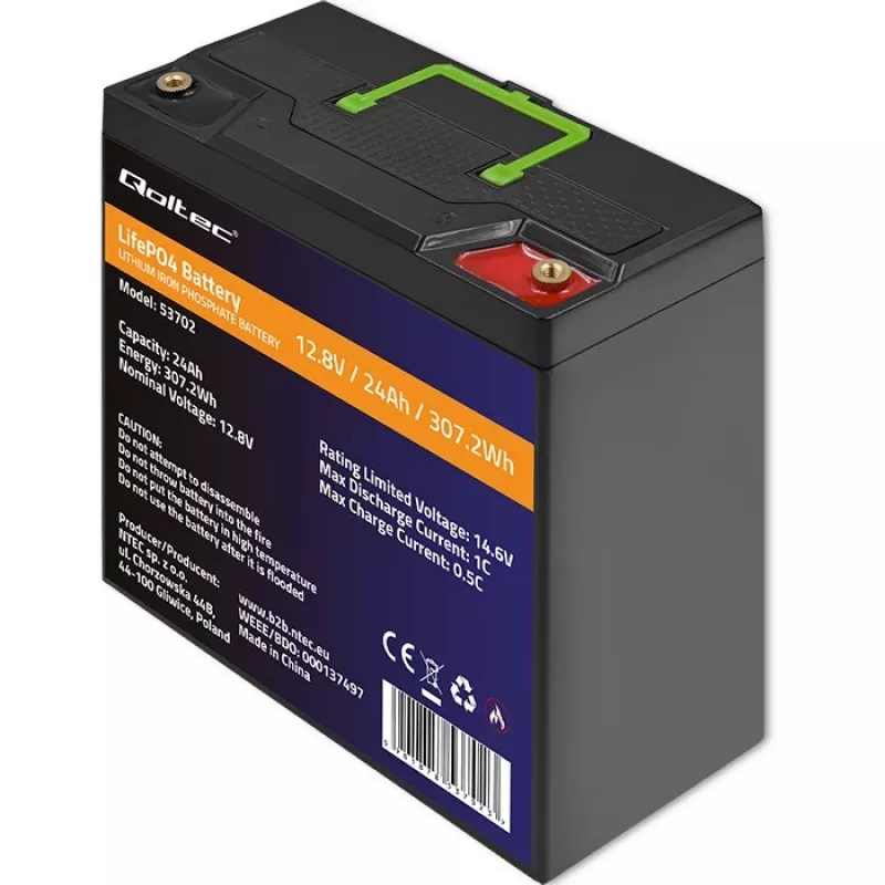 Qoltec 53702 LiFePO4 liitiumraudfosfaataku | 12,8V | 24Ah | 307,2Wh | BMS