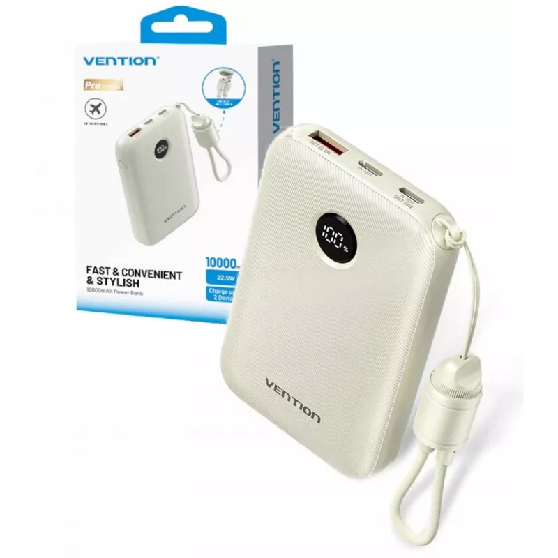 Akupank Vention FKAN0-C 10000 mAh — 2× USB-C, 1× USB-A, 22,5 W, beež