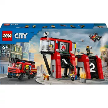 Konstruktsioonimänguasi LEGO City tuletõrjedepoo pöördredeliga sõidukiga 60414 — 843 detaili, 5 minifiguuri, 220×320×140 mm