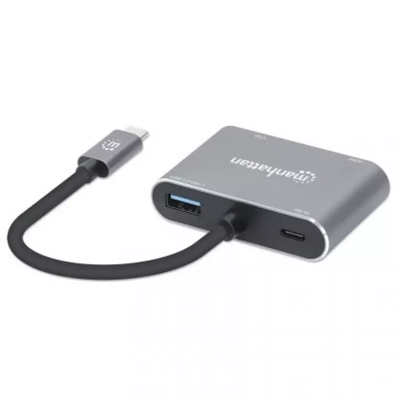 Manhattan USB-C dokk/jaotur, pordid (x4): HDMI, USB-A, USB-C ja VGA, toiteedastusega (PD) 87 W – vajab välist USB-C laadijat (ei kuulu komplekti). Toide USB kaudu (välist toiteallikat pole vaja), kui PD ei ole kasutusel, alumiinium