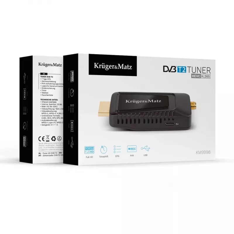 Mini DVB-T2 H.265 HEVC tuuner KRUGER & MATZ KM9998, 470–862 MHz, 1 tuuner, HDMI, USB, 720p