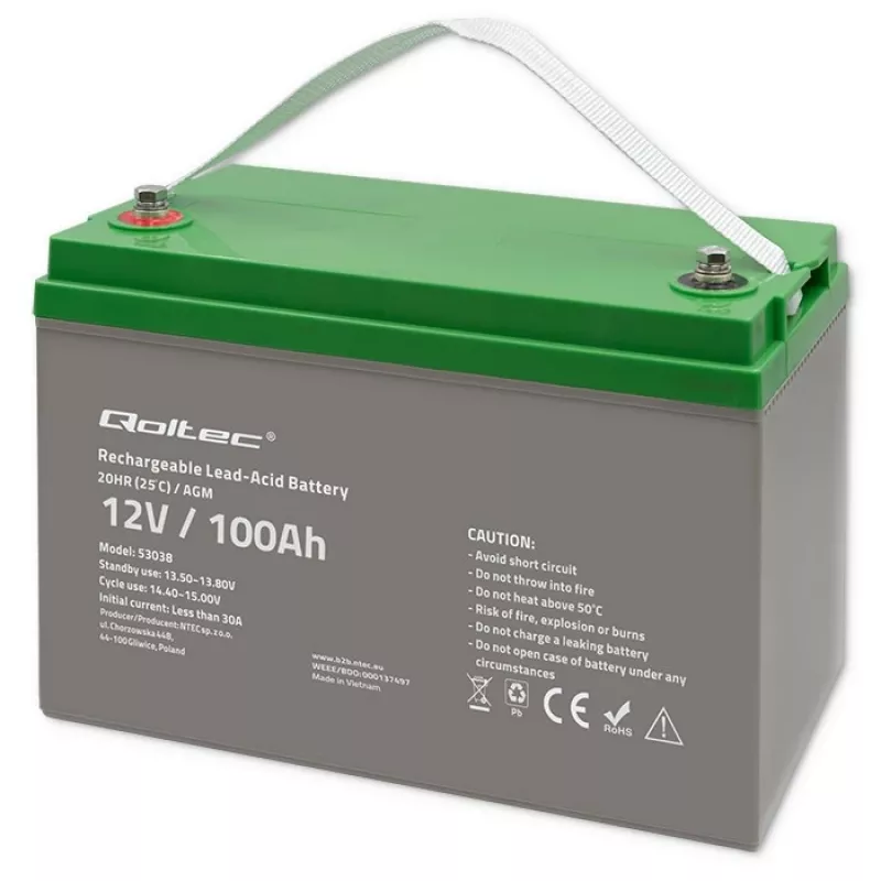 Qoltec 53038 AGM aku | 12V | 100Ah | max 1200A