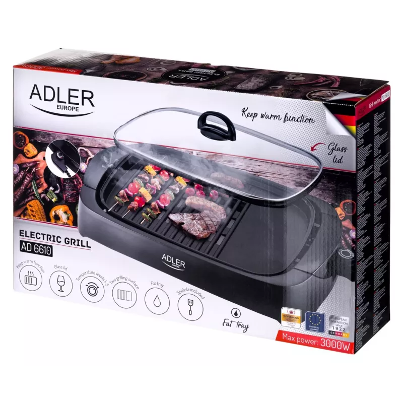 Lauale asetatav elektrigrill Adler AD 6610, 3000 W, must, ristkülikukujuline kahe tsooniga rest+pliidiplaat