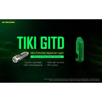 Võtmehoidja taskulamp Nitecore TIKI GITD Hall — USB laetav, 1 lm, 55 mm, 12 g, IP66
