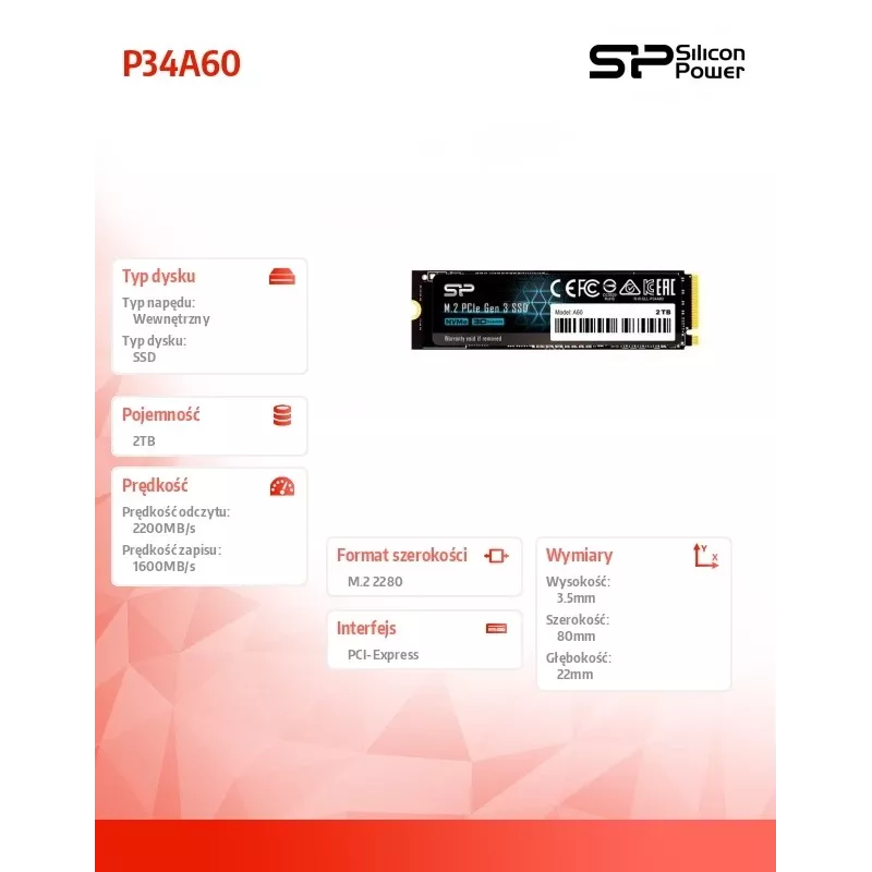 SSD M.2 NVMe Silicon Power P34A60 2 TB, PCIe 3.0 x4, lugemine 2200 MB/s, kirjutamine 1600 MB/s