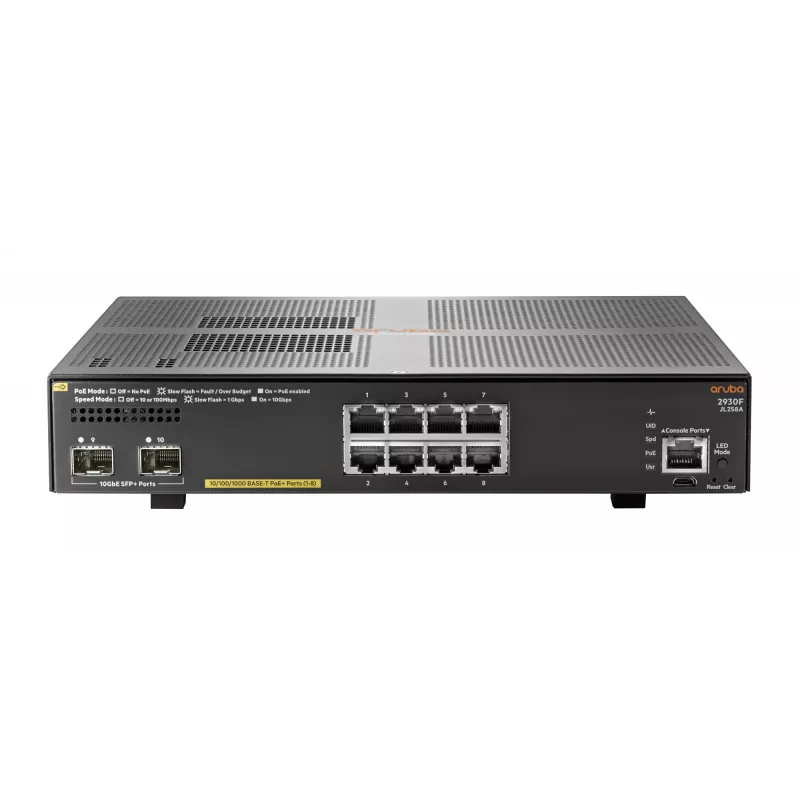 Hewlett Packard Enterprise HPE Aruba 2930F 8G PoE+ 2SFP+ - Switch - L3 - hallatav - 8 x 10/100/1000 (PoE+) + 2 x 1 Gigabit/10 Gigabit SFP+ (üleslüli) - riiulipaigaldus - PoE+ (125