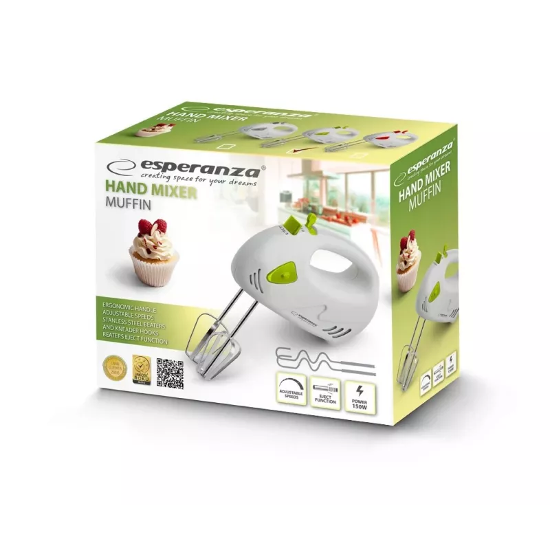 Käsimikser ESPERANZA EKM007G — 150 W, 7 kiirust, vispel, ergonoomiline käepide, 1,1 m juhe, roheline/valge