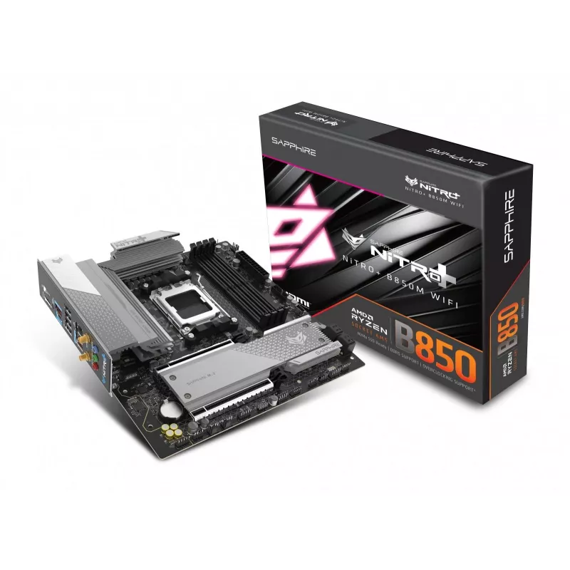Emaplaat Sapphire NITRO+ B850M WIFI — AMD B850, Socket AM5, micro ATX, DDR5, 4x DIMM, Wi‑Fi 6, 2.5Gb LAN, 2x M.2