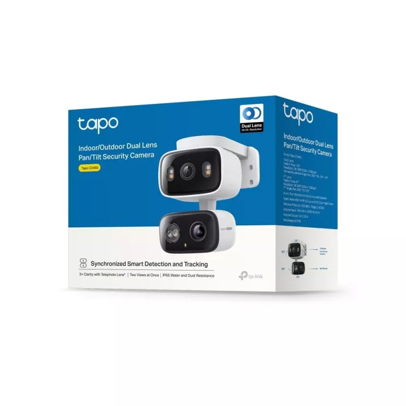 IP-turvakaamera TP‑LINK Tapo C246D — 3 MP (2304×1296), 2,8 mm, 107,8° vaateväli, PTZ kahe objektiiviga, IP65, Wi‑Fi/Gigabit, microSD kuni 512 GB