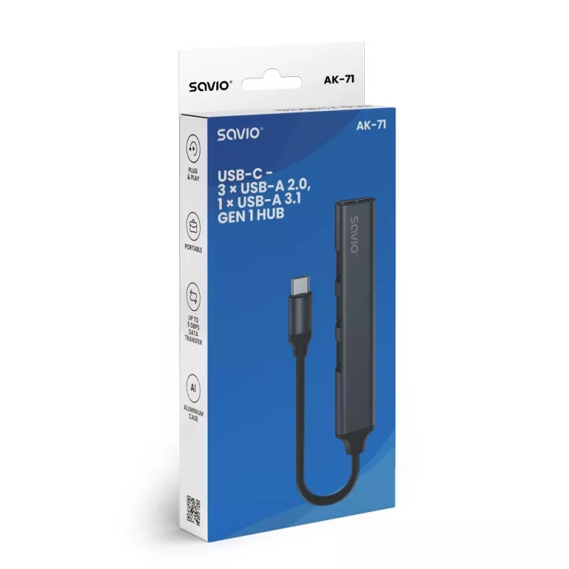 USB 3.0 4-pordiline liidesejaotur SAVIO AK-71 USB-C-hostiga, 5000 Mbit/s, 2-aastane garantii