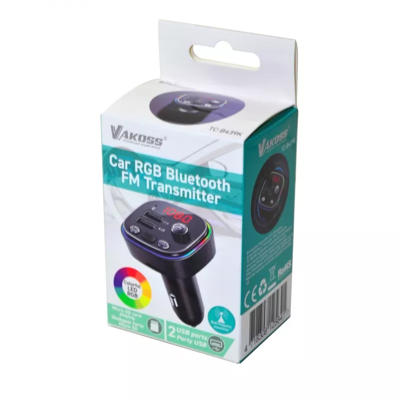 FM-saatja VAKOSS TC-B439K Bluetooth USB, 87,5–108 MHz, microSD/USB taasesitus, 5V/3,1A väljund, RGB-ekraan