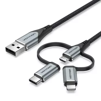 Vention USB 2.0 A isane 3-in-1 Micro-B&USB-C&Lightning isasele kaablile 1M Hall alumiiniumsulamist tüüp
