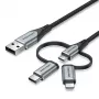 Vention USB 2.0 A isane 3-in-1 Micro-B&USB-C&Lightning isasele kaablile 1M Hall alumiiniumsulamist tüüp