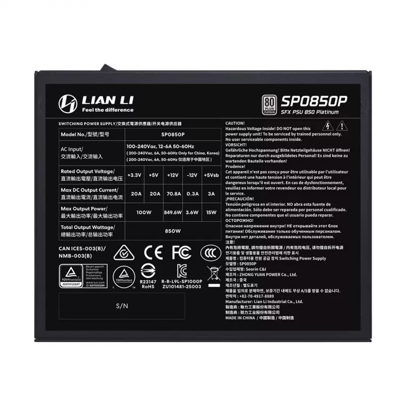 Toiteplokk Lian Li SP Series Platinum SFX 850W täismodulaarne PCIe 5.1 ATX 3.1 (G9P.SP0850P.B000.EU)