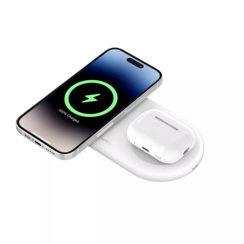 Belkin WIZ021VFWH - 2-ühes juhtmevaba laadimisalus Qi2 tehnoloogiaga 15 W, valge