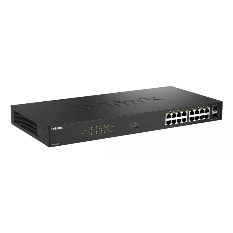 D-Link 18-pordine Gigabit Juhtimata PoE Lüliti DGS-1018P/E — 16 x Gigabit RJ-45, PoE (IEEE 802.3af/at), 36 Gbit/s kommuteerimisvõimsus