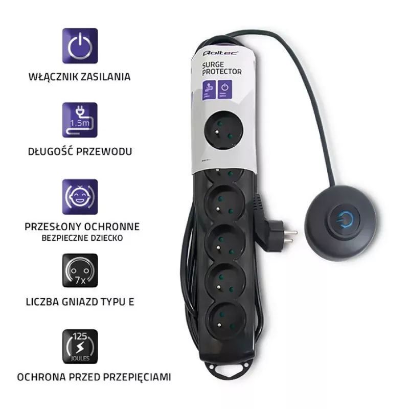 Liigpingekaitse Qoltec 50171 Must 7 vahelduvvoolupistikut 230V 1.5m