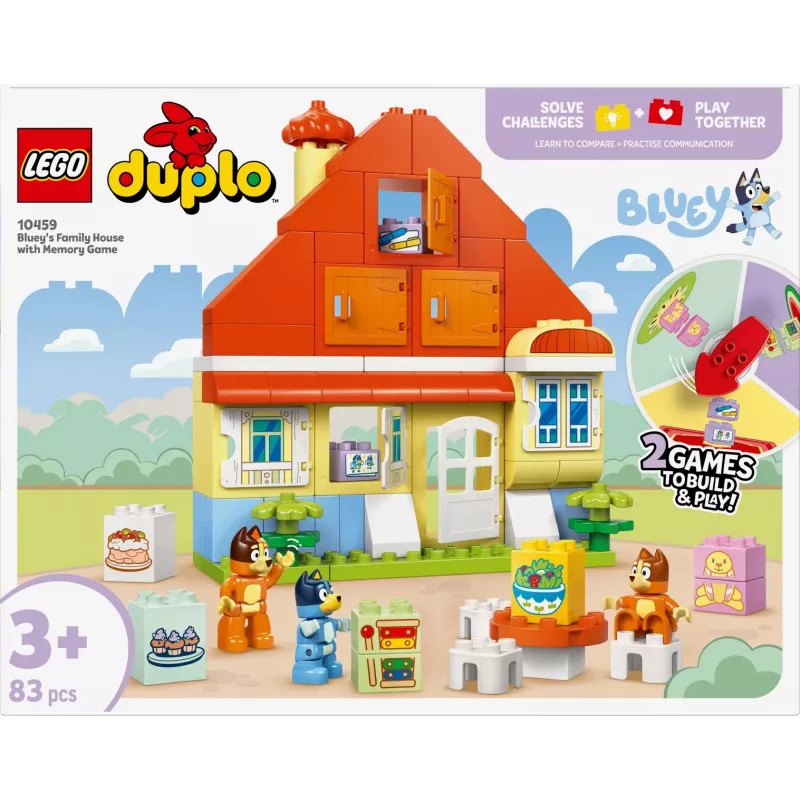 Ehitusmänguasi LEGO Bluey peremaja ja mälumänguga 10459 — 83 tk, 3 minifiguuri, vanus 3+