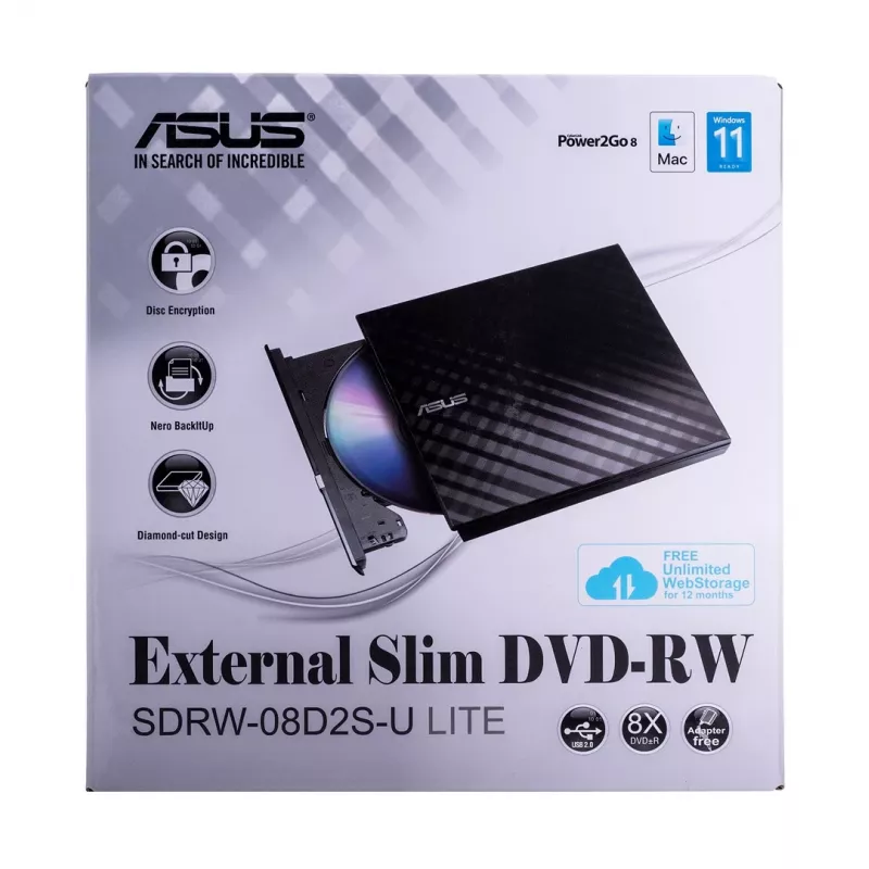 Väline DVD±RW optiline kettaseade ASUS SDRW-08D2S-U Lite, USB 2.0, must, 24x CD / 8x DVD, 142×142×20 mm