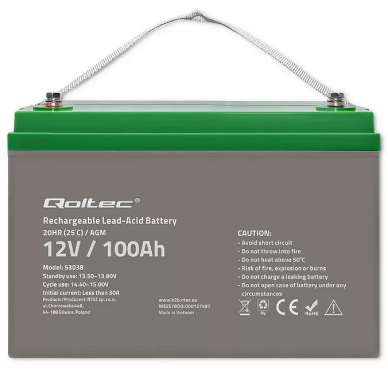 Qoltec 53038 AGM aku | 12V | 100Ah | max 1200A