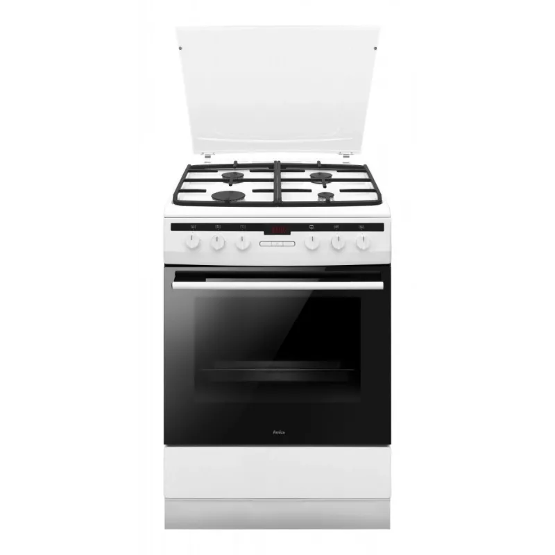 Vabaltseisev pliit AMICA 617GEH3.33HZpTaDpA(W) PIZZA — gaasipliit 4 tsooniga, elektriahi 65 L, elektrooniline taimer, valge