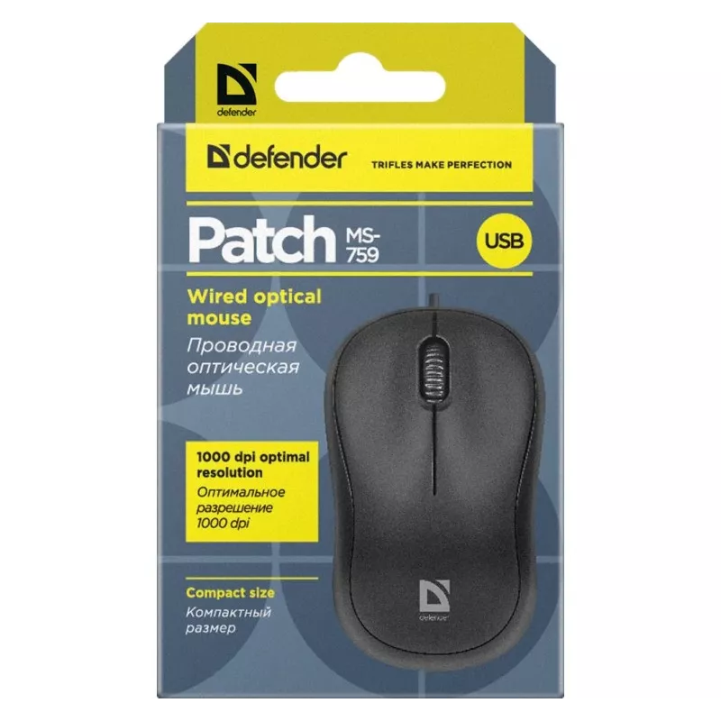 Juhtmega optiline hiir DEFENDER PATCH MS-759 USB Type-A, kahepoolne, 1000 DPI, must