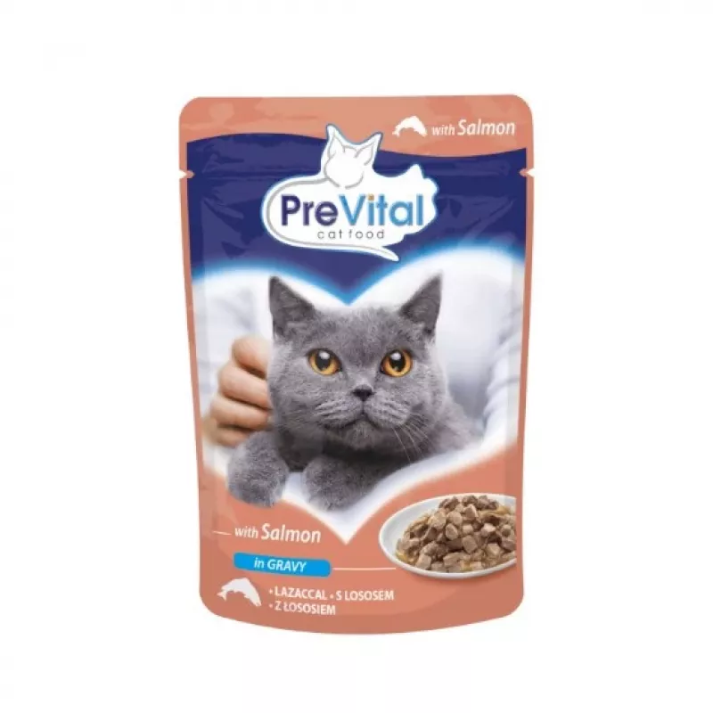 PREVITAL märg kassitoit Mix 4 Flavors — kana, vasikaliha, lõhe, linnuliha, 96 x 100 g kotikest (9,6 kg, täiskasvanud)