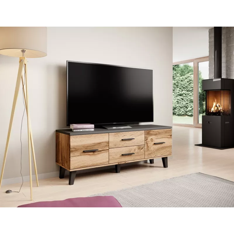 Teleriiul Cama Meble LOTTA 140 cm — wotan tamme raam, must puitlaastplaadi pealispind, 1400×400×530 mm