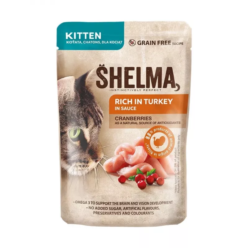 Märg kassitoit SHELMA Kitten Salmon & Turkey in Sauce 4×85 g kotike, teraviljavaba, täisväärtsööt