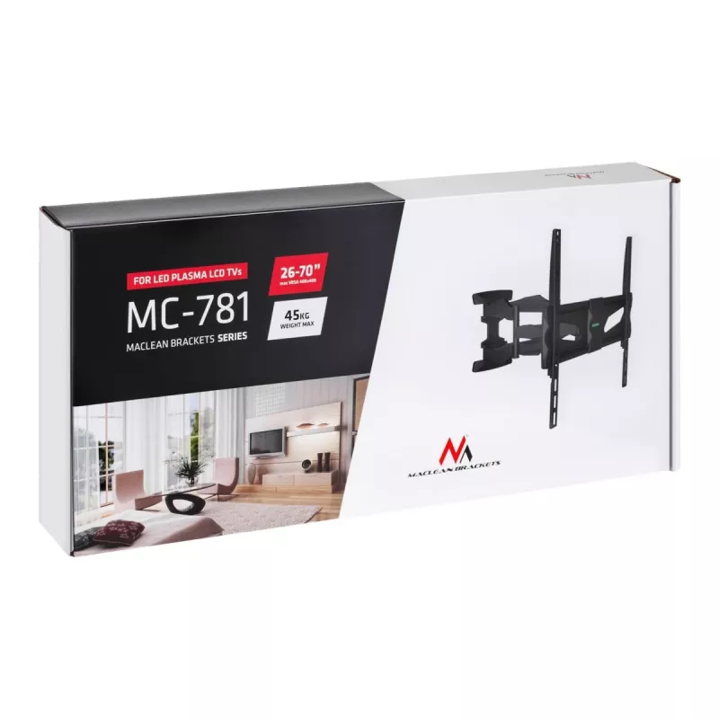 TV seinakinnitus MACLEAN MC-781 ekraanidele 66–177,8 cm (26–70 tolli), kaldenurk -12–2°, VESA 100x100–400x400, max koormus 45 kg, must
