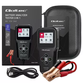 Qoltec 52489 Digitaalne aku analüsaator tester 3-in-1 LCD-ekraani ja mitmekeelse liidesega 6V | 12V | 24V | 30Ah-200Ah