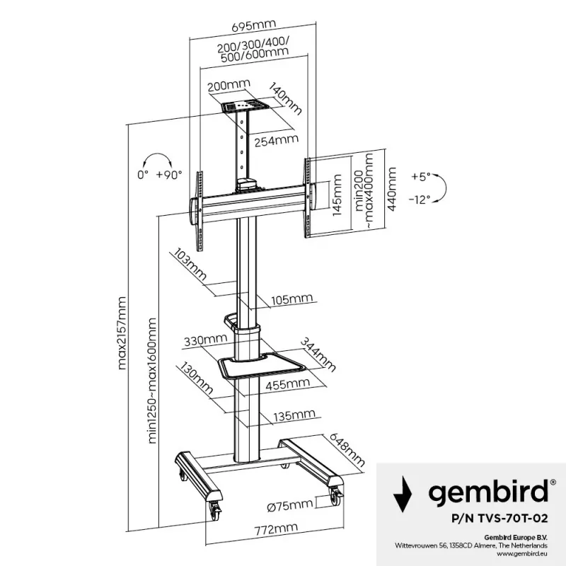 Põranda TV-alus Gembird TVS-70T-02 ekraanidele 37 tolli kuni 70 tolli, max 70 kg, VESA 200x200–600x400, kaldenurk ±5°/−12°, kõrguse reguleerimisega, rattad, kaablihaldus