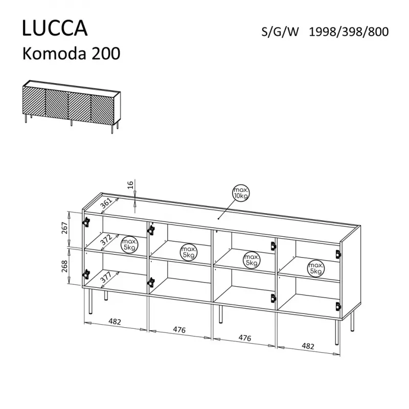 Kummut cama meble LUCCA 4D, 200×40×80 cm, must, puitlaastplaadist korpus