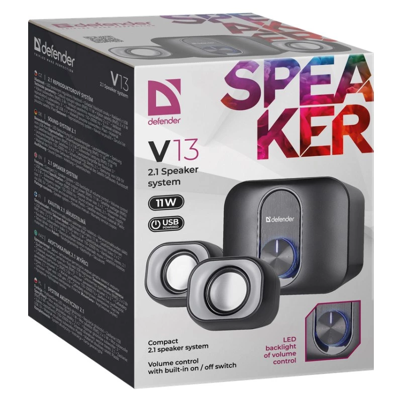 Laua 2.1 kõlarid DEFENDER V13 — 11 W RMS (6 W satelliidid, 5 W bassikõlar), USB-toitega, 3,5 mm sisend, must