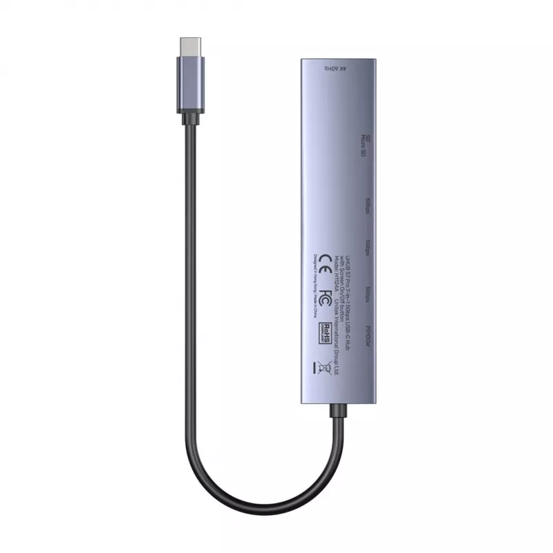 USB-C jaotur Unitek H1124AGY01 100W PD, HDMI 2.0, 2x USB‑A, 2x USB‑C, SD/microSD lugejaga — alumiinium
