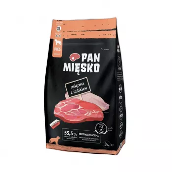 Kuiv koeratoit Pan Miesko vasikaliha ja kalkuniga XL, täiskasvanud koerale, 3 kg, 30% valku, 20% rasva