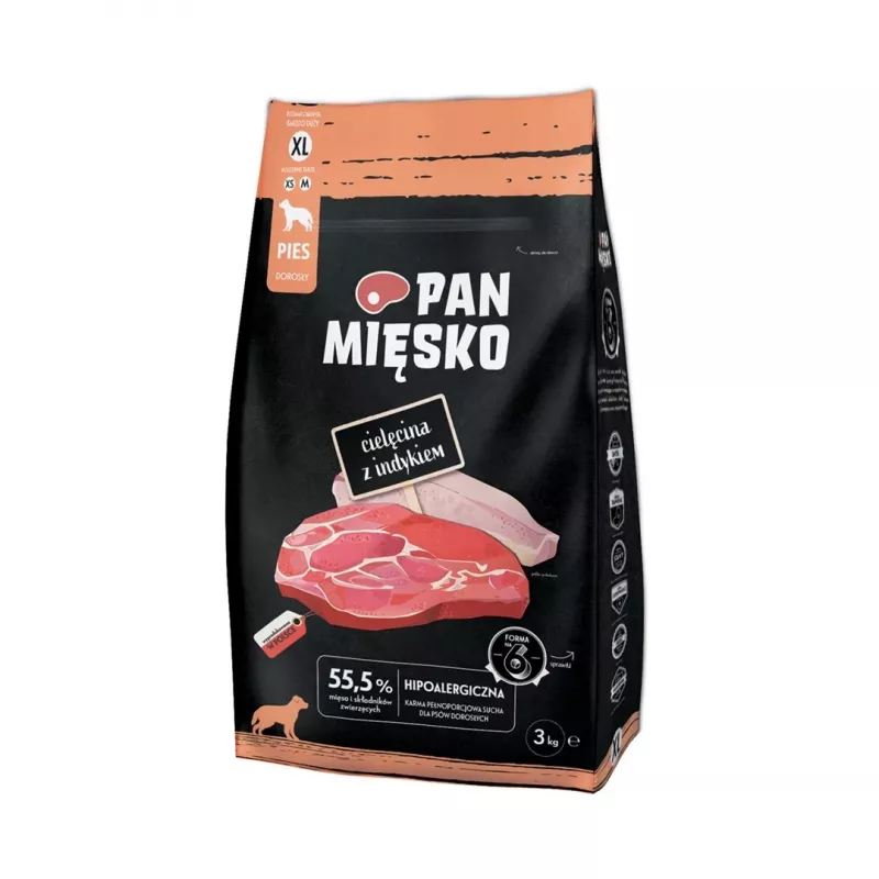 Kuiv koeratoit Pan Miesko vasikaliha ja kalkuniga XL, täiskasvanud koerale, 3 kg, 30% valku, 20% rasva