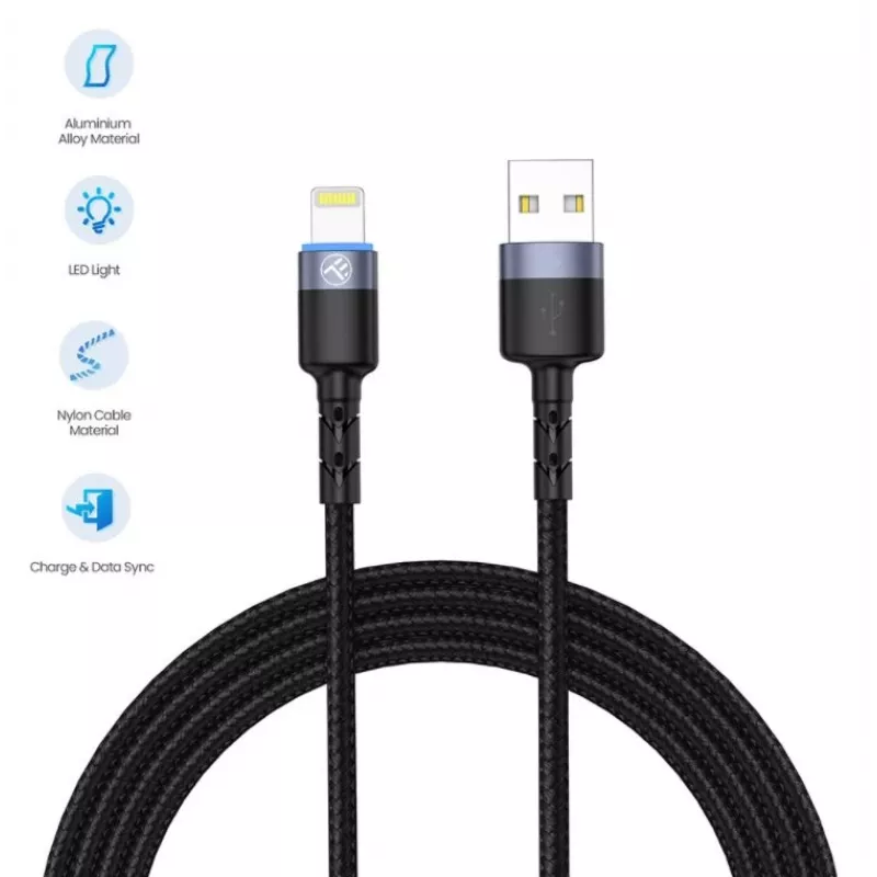 USB- ja Lightning-andmekaabel Tellur 1,2 m nailonpunutisega must