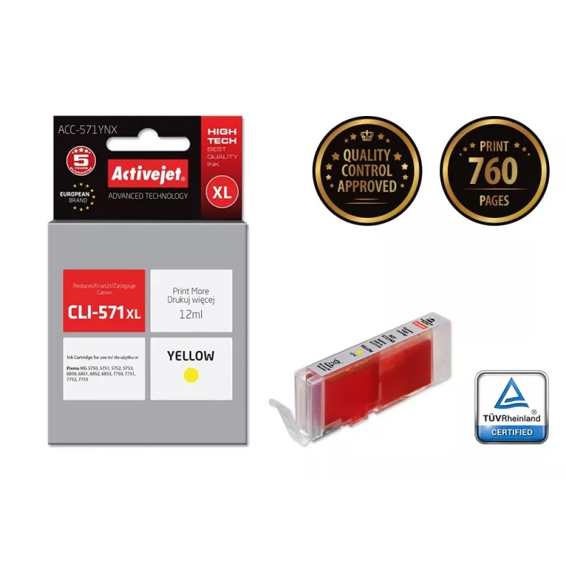 Activejet ACC-571YNX tindipadrun (asendab Canon CLI-571XLY; Supreme; 12 ml; kollane)