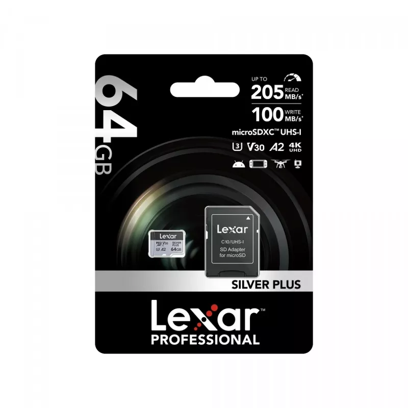 MicroSD-mälukaart Lexar 64 GB UHS-I Klass 3 SILVER PLUS