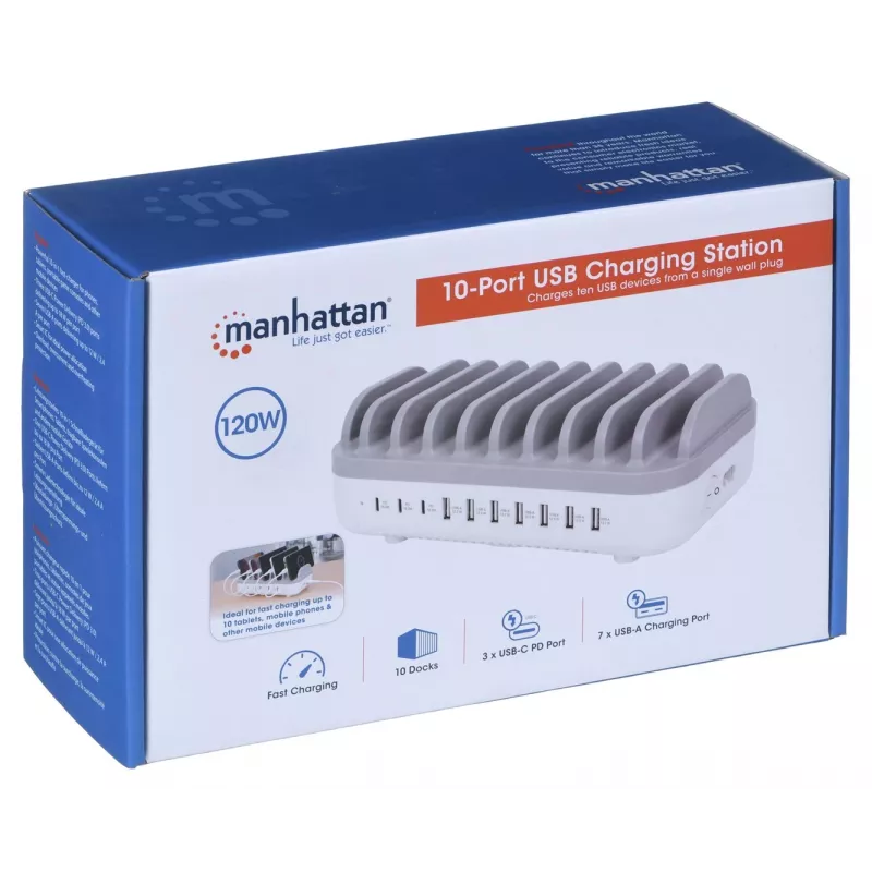 Manhattan Charging Station, 10x Ports: 3x USB-C (up to 18W PD) and 7x USB-A (up to 12W), 120W Total Output, Valge/hall, Three Year Warranty