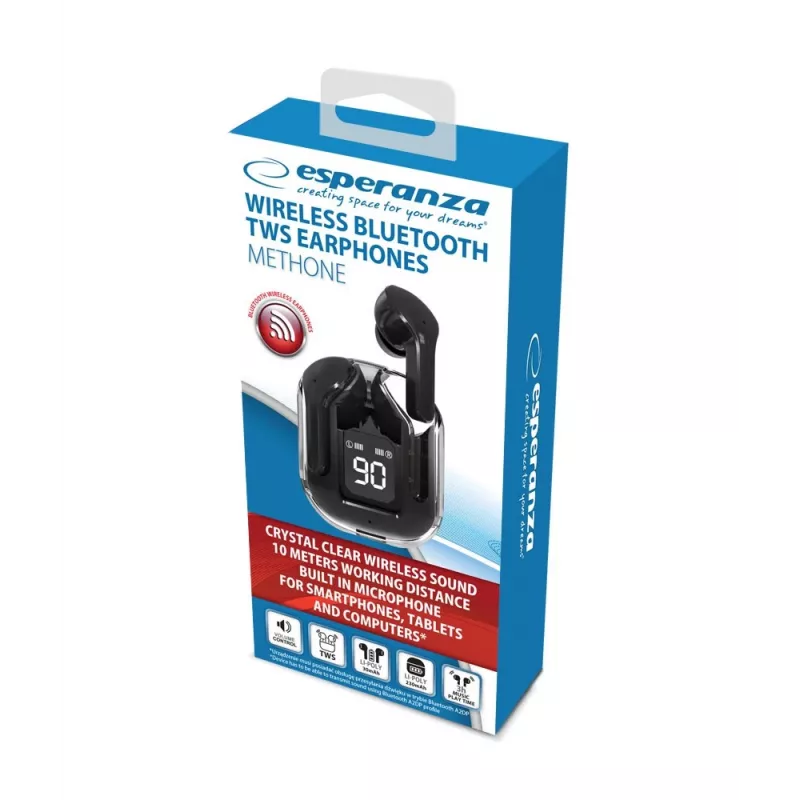 Kõrvasisesed juhtmevabad kõrvaklapid ESPERANZA EH238K — Bluetooth 5.3, 2,4 GHz, 10 m leviulatus, 230 mAh aku, puutetundlik juhtimine, must