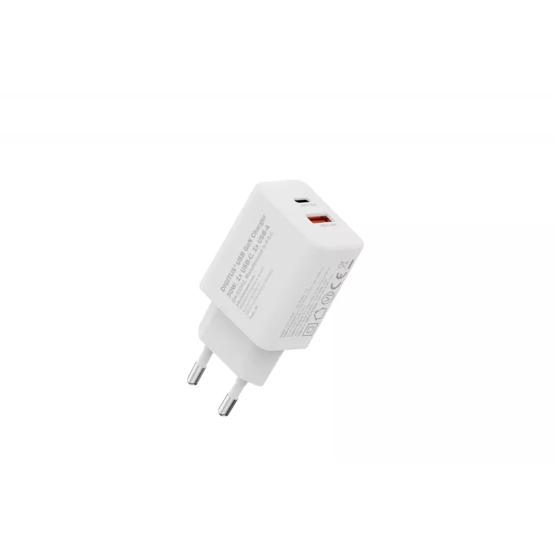 AC Indoor USB GaN Charger DIGITUS DA-10301 — 30W, 1× USB-C, 1× USB-A, 100–240V, valge