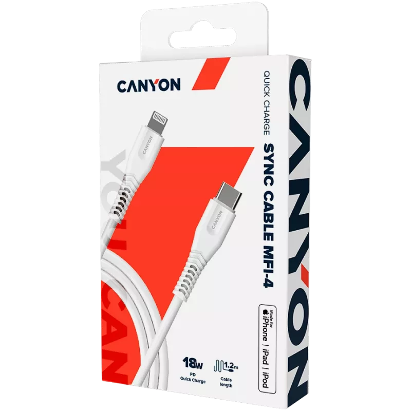 CANYON kaabel MFI-4 Type-C – Lightning 1,2 m valge