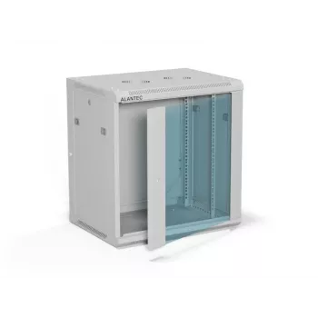 Seinale paigaldatav 19-tolline kapp Alantec 12U 600x450 mm, ühe klaasuksega, eemaldatavate tagumise ja külgpaneelidega, lukustatav, 4 paigaldussiini, hall, lamepakend