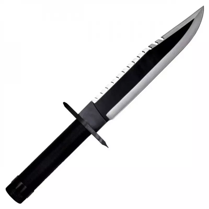 Fixed-blade survival knife cinema classic Rambo I CC-H1 — 360 mm üldpikkus, 225 mm sakiline terasest tera, must nahast tupp