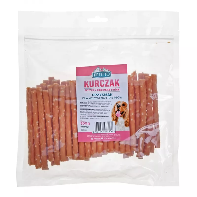 Koerte maius PETITTO Sticks kana ja riisiga 500 g — dieetiline lisasuupiste, valk 23%, rasv 2,5%