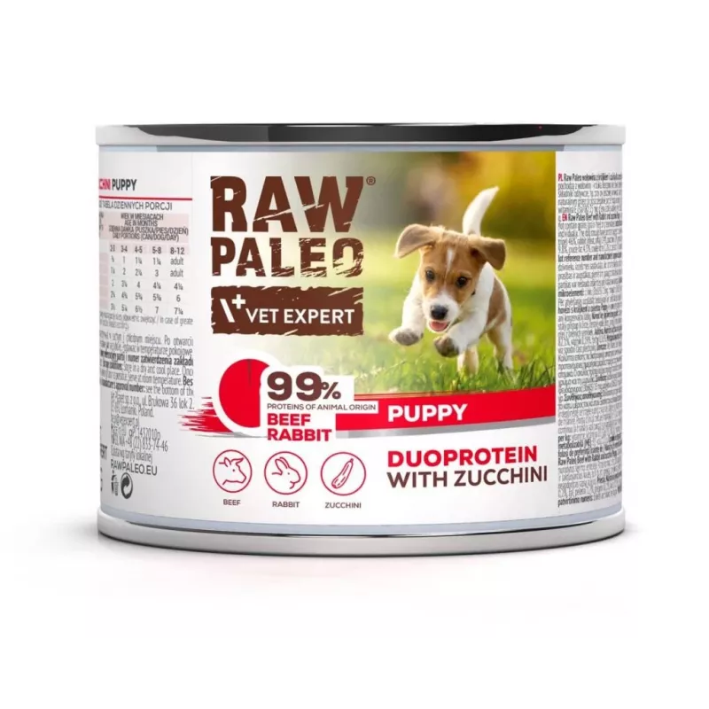 Märg koeratoit VETEXPERT RAW PALEO Duoprotein veiseliha ja küülikuga kutsikale 200g, 82,1% niiskust, 9,8% valku, noortele koertele